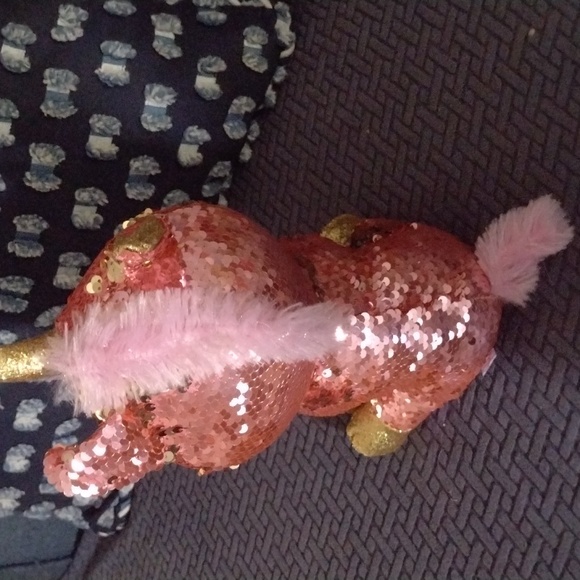 Sunset  Beanie Boo FLIPPABLES: SUNSET -Shiny Coral/Gold Sequined Unicorn 11" - Picture 3 of 6